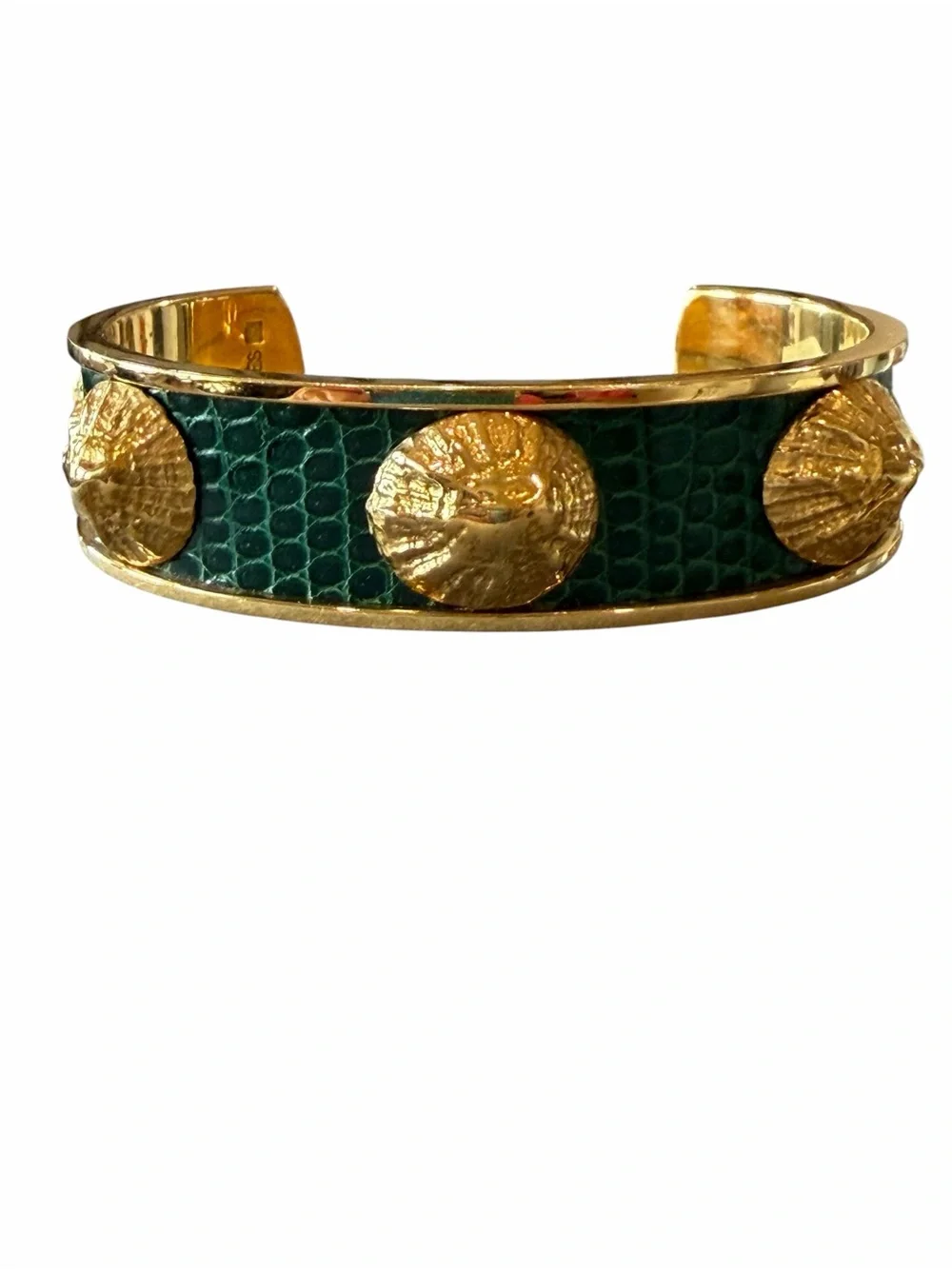 Hermes Gold-Tone Green Lizard-Texture Shell Cuff Bracelet